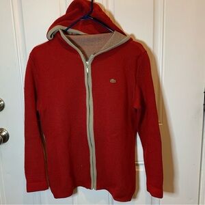 Lacoste Red Full Zip Up Cozy Hoodie Hooded with Beige Trim France Size 12